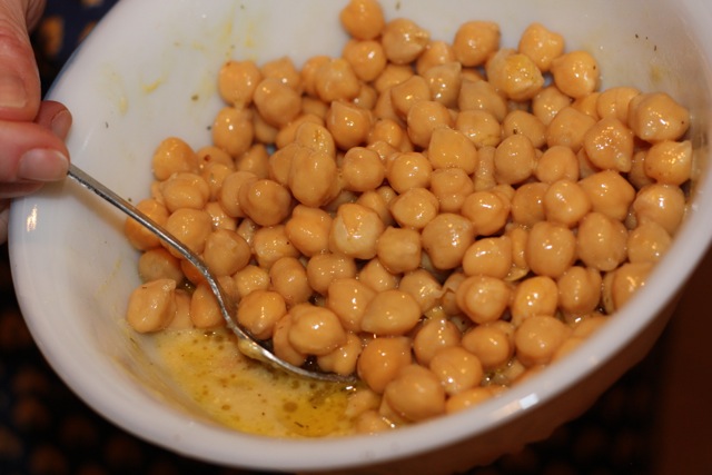 mixing the chick peas