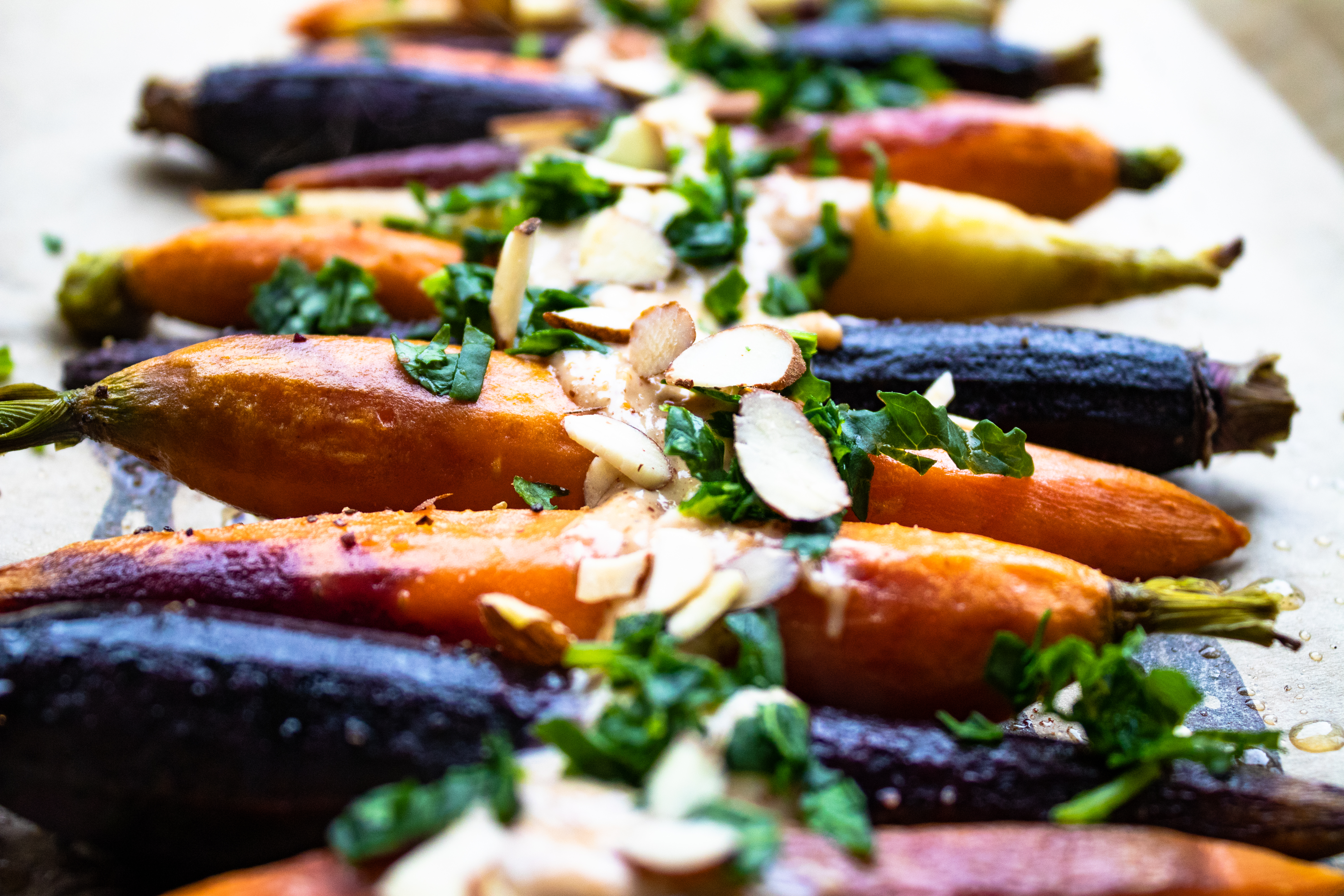 Roasted Carrots with Maple, Yogurt + Almond Topping